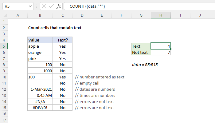 excel formula to count total number of cells containing text